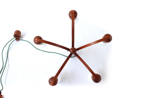 Image 1 of als nieuw, DOMUS Deense Mid Century Teak LED Lamp / Kroonluchters, hanglamp met 5x Paulmann LED, 