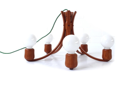 Image 1 of als nieuw, DOMUS Deense Mid Century Teak LED Lamp / Kroonluchters, hanglamp met 5x Paulmann LED, 