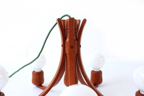 Image 1 of als nieuw, DOMUS Deense Mid Century Teak LED Lamp / Kroonluchters, hanglamp met 5x Paulmann LED, 