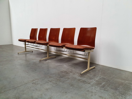 Image 1 of teak plywood vintage industrieel retro kerkbank 60s design
