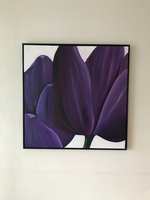 Nelly van Nieuwenhuijzen Paarse tulpen schilderij – schilderijen tekeningen, Canvas, Modern