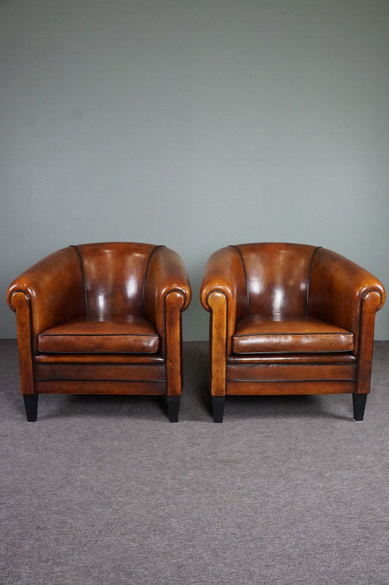 Image 1 of 2x Vintage schapenleren clubfauteuils
