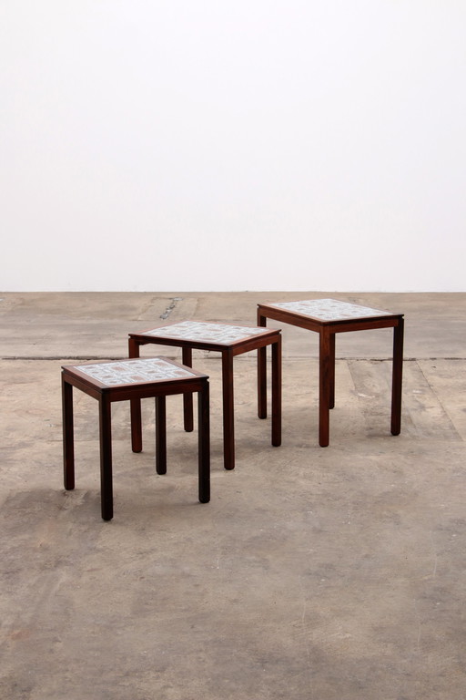 Deense Vintage Set Bijzettafeltjes met creme bruine tegeltjes, 1960s