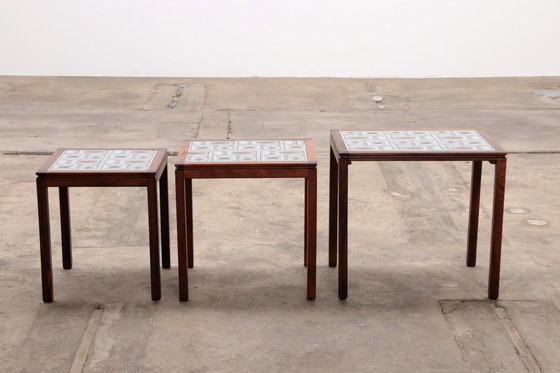 Image 1 of Deense Vintage Set Bijzettafeltjes met creme bruine tegeltjes, 1960s