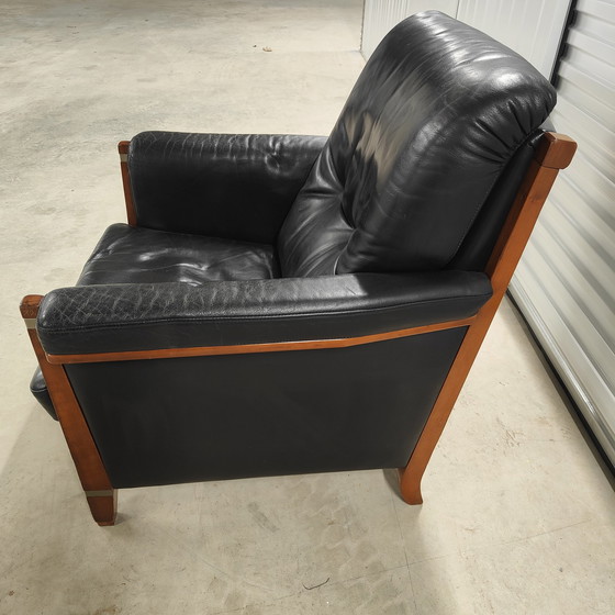 Image 1 of Armchair art-deco zwart leer met hout