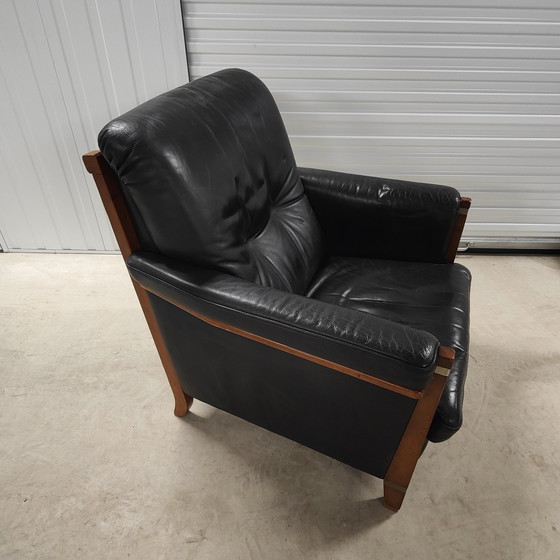 Image 1 of Armchair art-deco zwart leer met hout