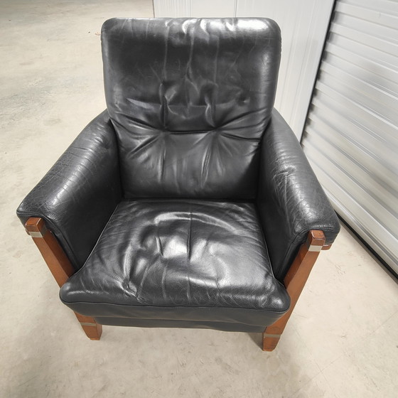 Image 1 of Armchair art-deco zwart leer met hout