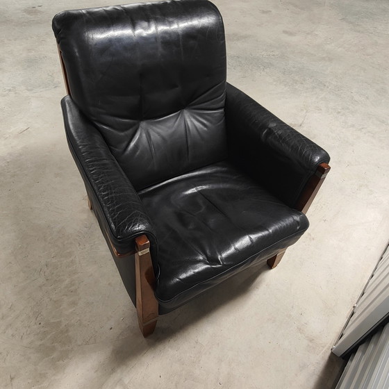 Image 1 of Armchair art-deco zwart leer met hout