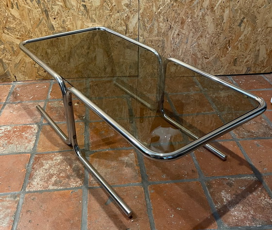 Image 1 of Chrome met rookglas salontafel, jaren 60