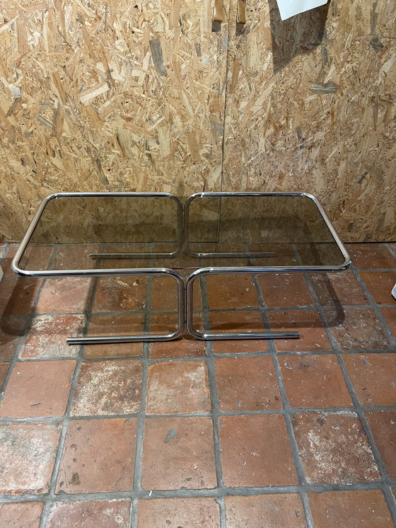 Image 1 of Chrome met rookglas salontafel, jaren 60