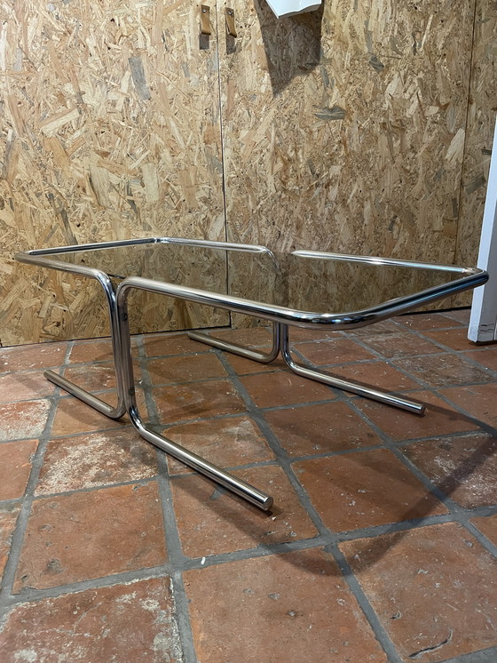 Image 1 of Chrome met rookglas salontafel, jaren 60