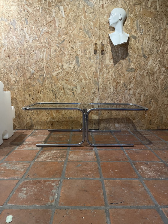 Image 1 of Chrome met rookglas salontafel, jaren 60