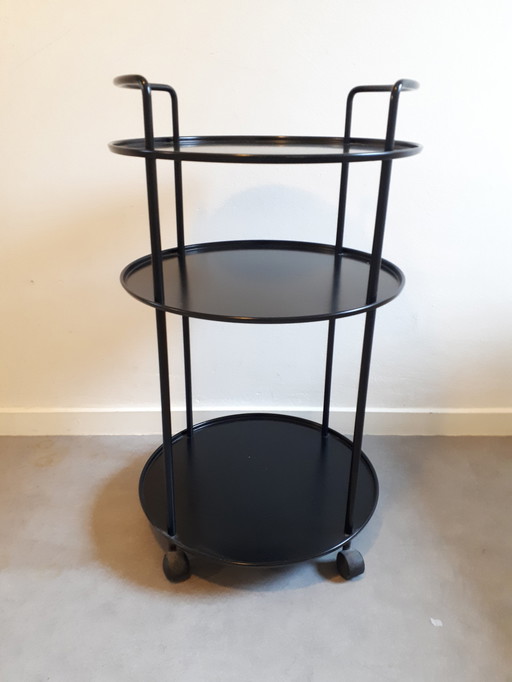 80's zwarte metalen trolley bijzettafel dranktafeltje