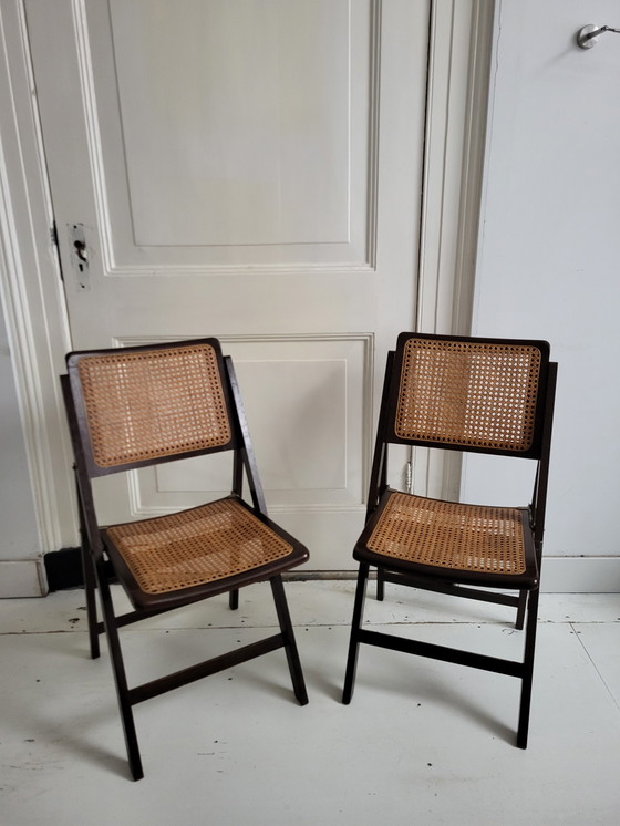 Image 1 of 2x Vintage opklapstoelen webbing en hout