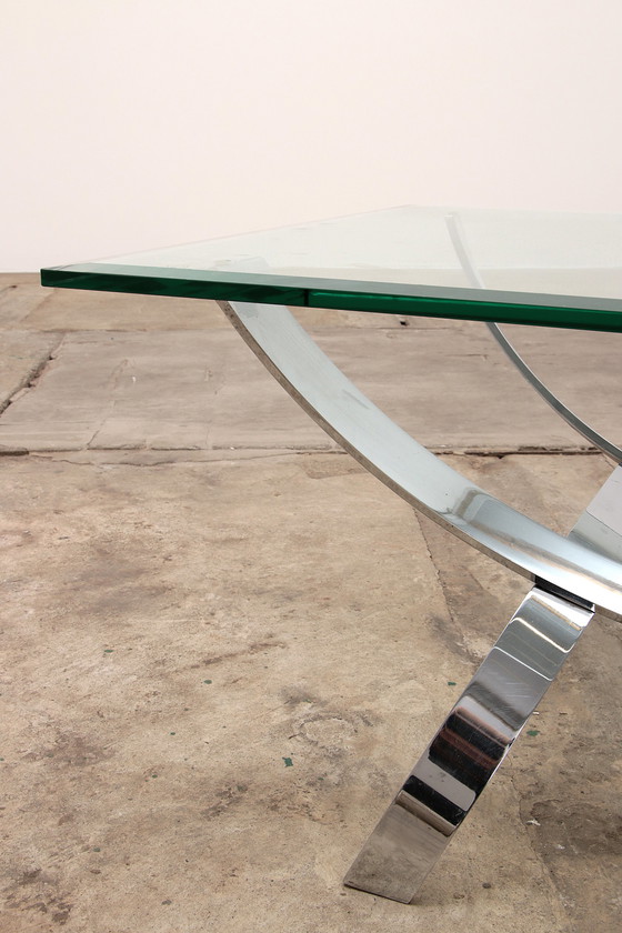 Image 1 of Space Age Chrome salontafel met dikke glasplaat 1970