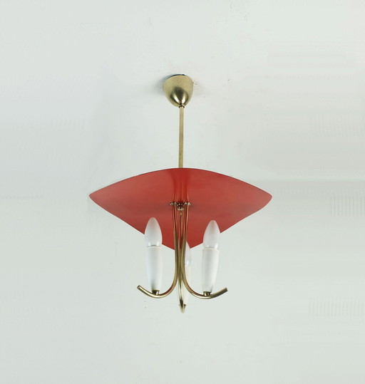 prachtige hanglamp met 3 lampen mid century vijftig, messing, metaal, plastic, stilnovo-tijdperk