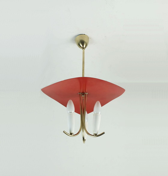 Image 1 of prachtige hanglamp met 3 lampen mid century vijftig, messing, metaal, plastic, stilnovo-tijdperk