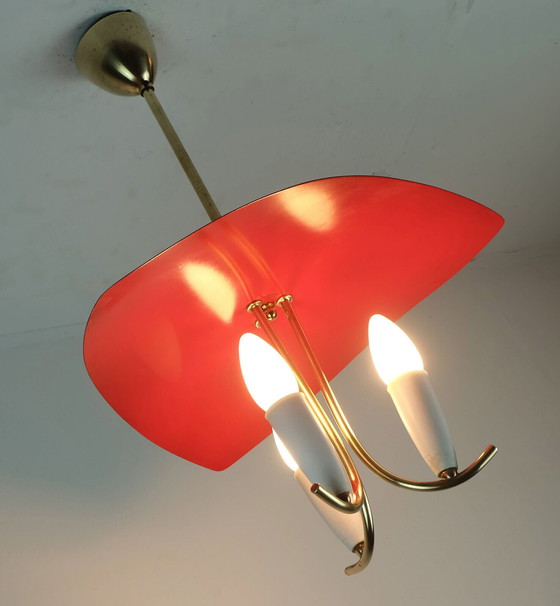 Image 1 of prachtige hanglamp met 3 lampen mid century vijftig, messing, metaal, plastic, stilnovo-tijdperk