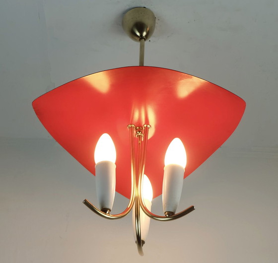 Image 1 of prachtige hanglamp met 3 lampen mid century vijftig, messing, metaal, plastic, stilnovo-tijdperk