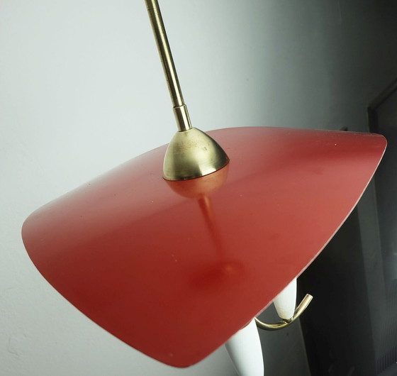 Image 1 of prachtige hanglamp met 3 lampen mid century vijftig, messing, metaal, plastic, stilnovo-tijdperk