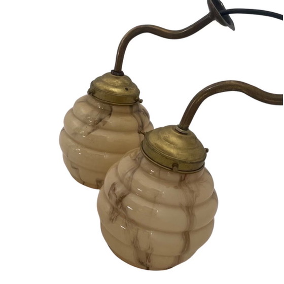 Image 1 of Kunst deco - Nachtlampje / bedzijlamp - Wandlamp met gemarmerd glas op messing voet (verkrijgbaar als set van twee)