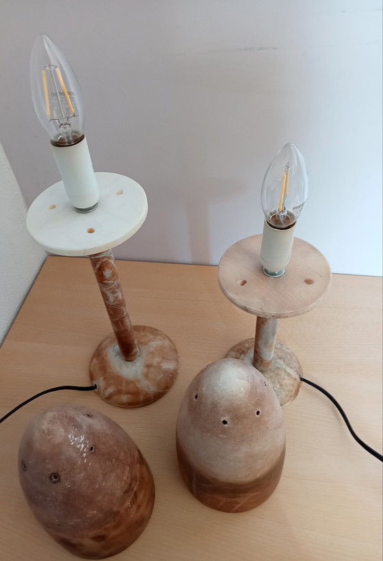 Image 1 of Sale: 2 x Franse marmer mushroom paddenstoel lampen, terracotta sfeer.