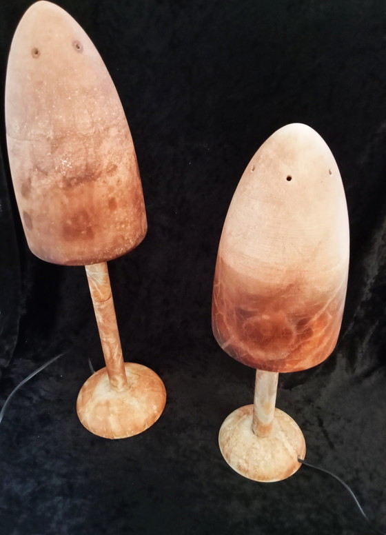 Image 1 of Sale: 2 x Franse marmer mushroom paddenstoel lampen, terracotta sfeer.