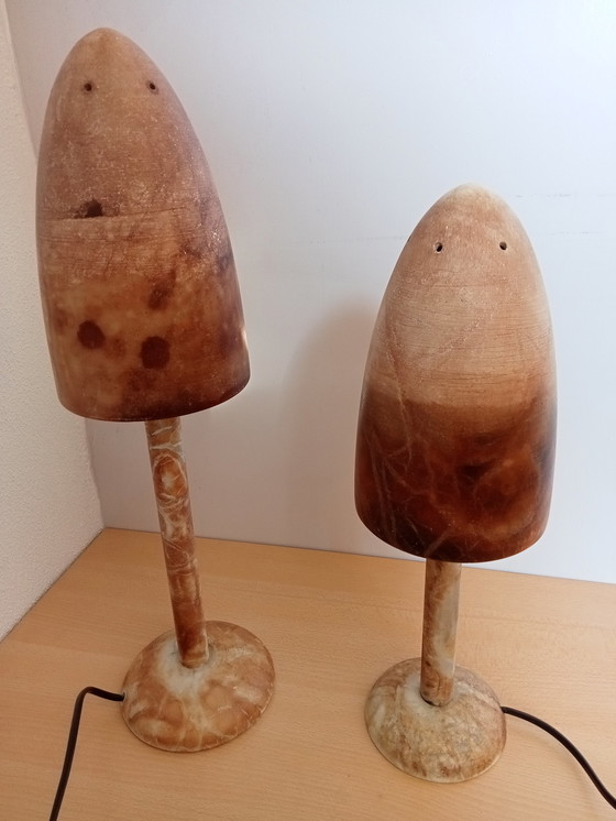 Image 1 of Sale: 2 x Franse marmer mushroom paddenstoel lampen, terracotta sfeer.