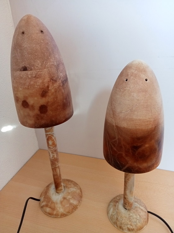 Image 1 of Sale: 2 x Franse marmer mushroom paddenstoel lampen, terracotta sfeer.