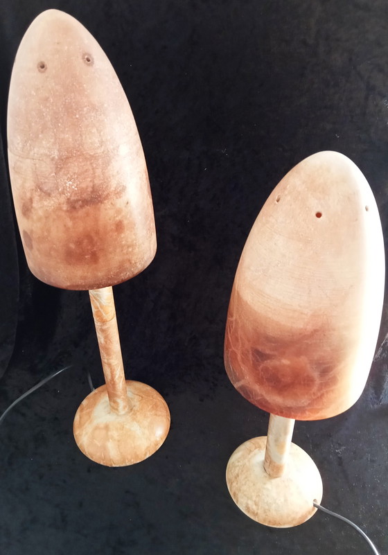 Image 1 of Sale: 2 x Franse marmer mushroom paddenstoel lampen, terracotta sfeer.