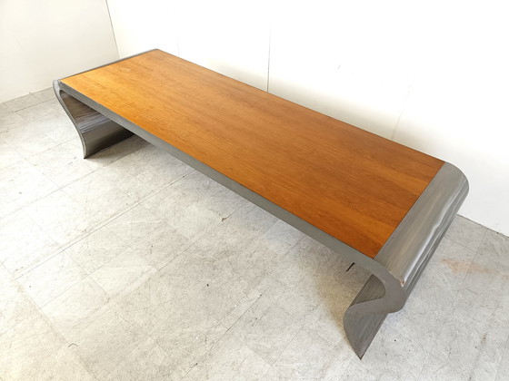 Image 1 of XL aluminium en houten eettafel, jaren 90