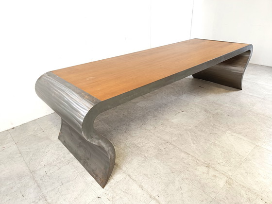 Image 1 of XL aluminium en houten eettafel, jaren 90