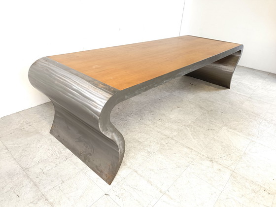 Image 1 of XL aluminium en houten eettafel, jaren 90