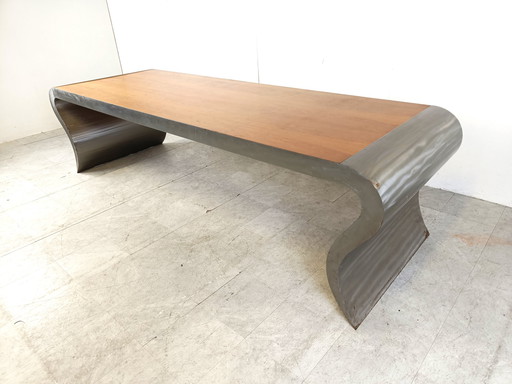 XL aluminium en houten eettafel, jaren 90