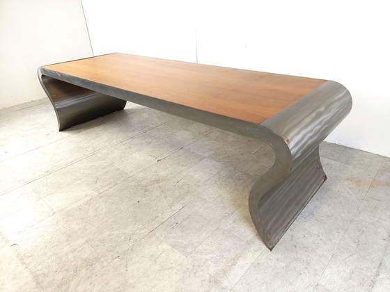 Image 1 of XL aluminium en houten eettafel, jaren 90