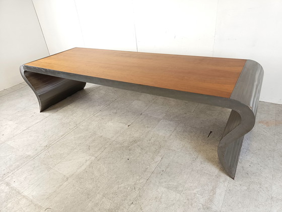 Image 1 of XL aluminium en houten eettafel, jaren 90