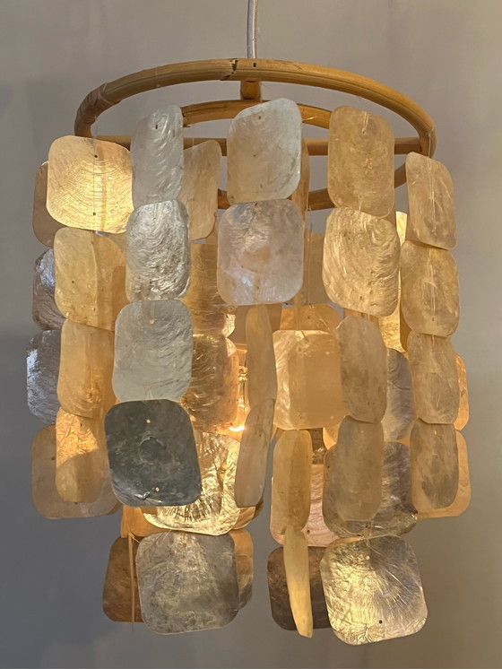 Image 1 of 2x set bamboe Capiz schelp hanglampen vintage 