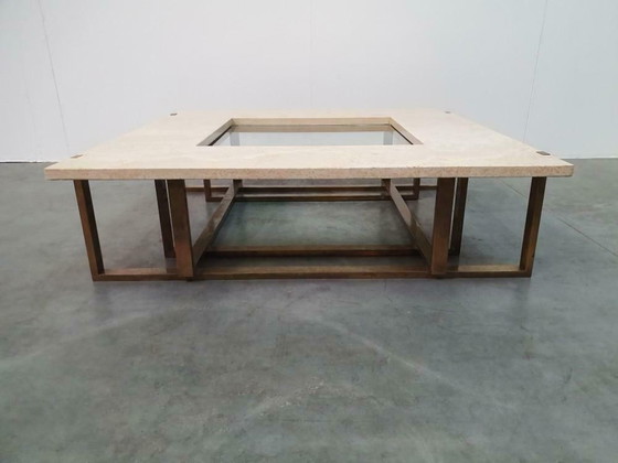 Image 1 of Maison Jansen travertin messing glas vintage jaren 60