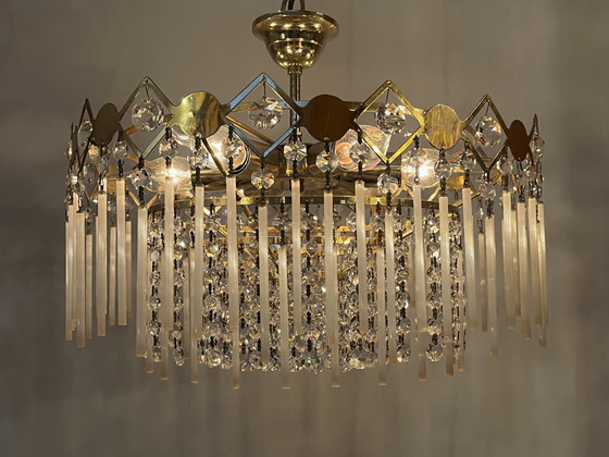 Image 1 of Vintage staafjes hanglamp kroonluchter kristal pegels opaline 