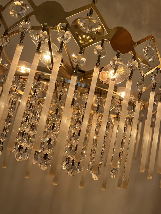 Image 1 of Vintage staafjes hanglamp kroonluchter kristal pegels opaline 