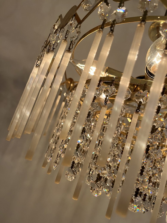Image 1 of Vintage staafjes hanglamp kroonluchter kristal pegels opaline 