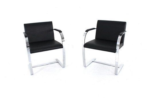 2x Knoll Int. Brno Chair, Cantilever Chair, Mies van der Rohe, verchroomd plat staal, lederen bekleding