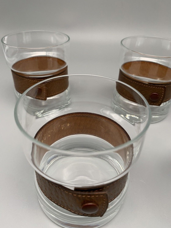 Image 1 of Vintage glazen punch, glazen schaal, bril met echt leren gesp