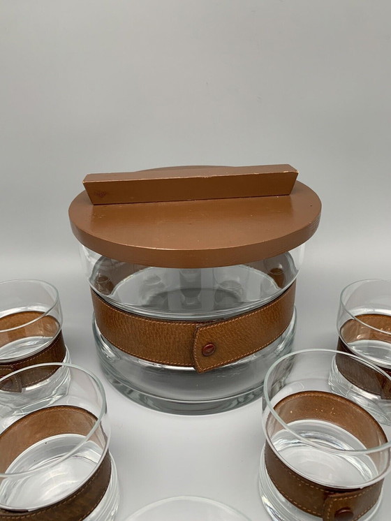 Image 1 of Vintage glazen punch, glazen schaal, bril met echt leren gesp
