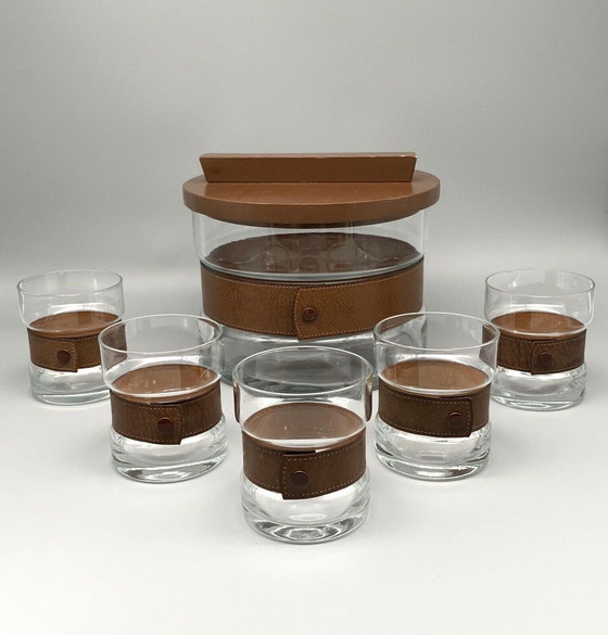 Image 1 of Vintage glazen punch, glazen schaal, bril met echt leren gesp