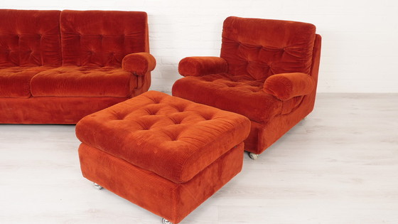 Image 1 of Vintage Bankstel 3 Zits Hocker Fauteuil Roestkleur Vintage Bankstel 3 Zits Hocker Fauteuil Roestkleur Vintage Bankstel 3 Zits Ho