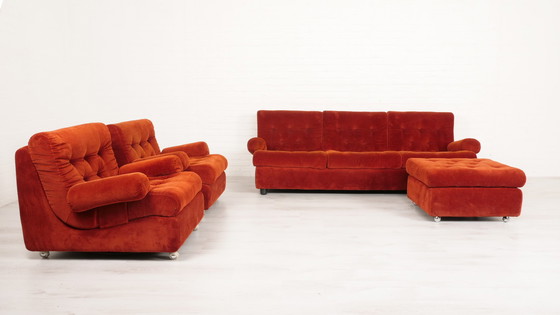 Image 1 of Vintage Bankstel 3 Zits Hocker Fauteuil Roestkleur Vintage Bankstel 3 Zits Hocker Fauteuil Roestkleur Vintage Bankstel 3 Zits Ho