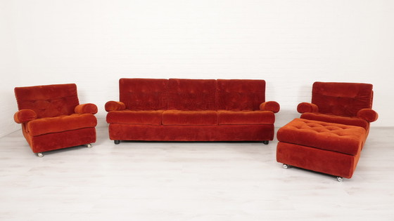 Image 1 of Vintage Bankstel 3 Zits Hocker Fauteuil Roestkleur Vintage Bankstel 3 Zits Hocker Fauteuil Roestkleur Vintage Bankstel 3 Zits Ho