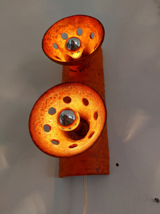 Image 1 of Vintage Keramieken Brutalist Oranje Wandlamp Lamp