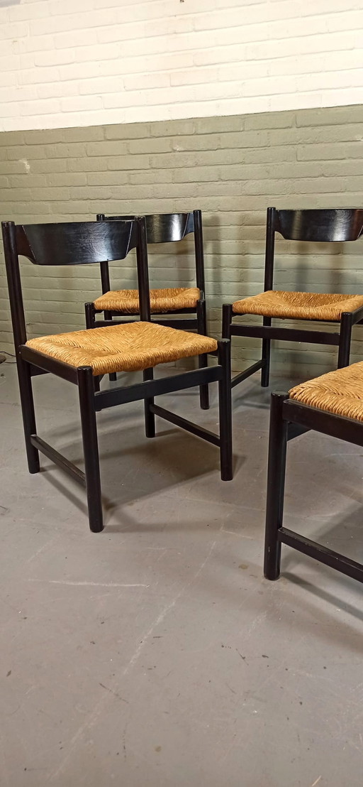 6x vintage hout en riet eetkamerstoelen